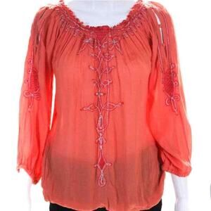 Poupette St Barth off shoulder top silver embroidery orange lightweight. Size L